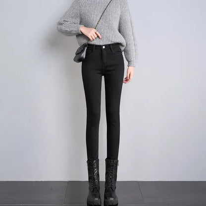 Winter Women Chic Fleece Thermal High Waist Jeans Lady Snow Warm Plush Denim Pants Girls Classic Fashion Straight Leg Trousers