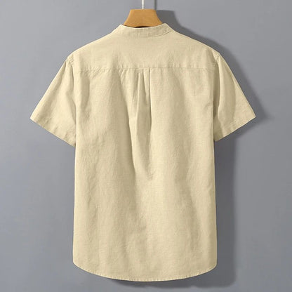 New Mens Short Sleeve T Shirts Solid Color Stand Up Collar Shirt Summer Trendy Breathable Loose Youth Basic Cotton Pocket Top