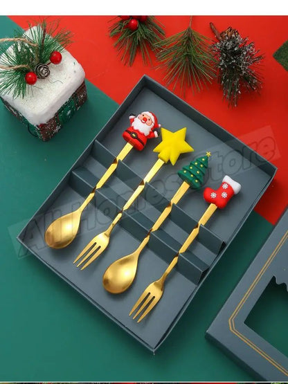 Christmas Cutlery Set Elk Dessert Scoop Fruit Fork Coffee Spoon Stainless Steel Dessert Fork 4/6PCS Christmas Spoons Fork Set