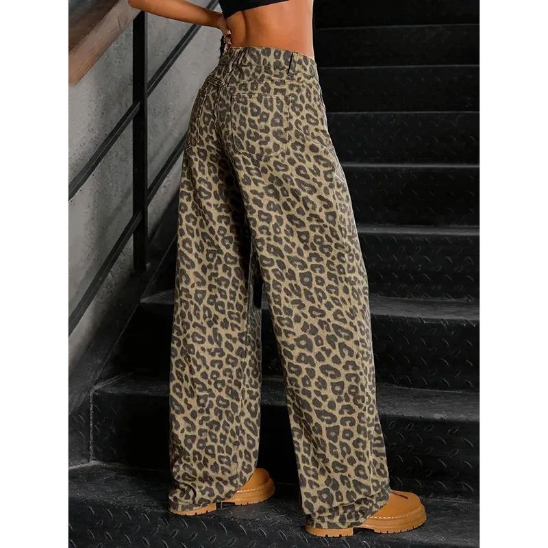 Female Retro Designer Straight Leg Jeans Pants Lady Fashion High Waist Denim Pants Women Leopard Print Baggy Trousers
