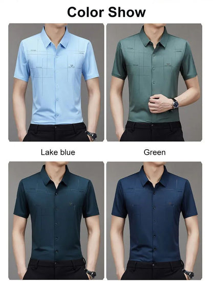 Men's Ice Silk Business Shirt Short Sleeve Anti-wrinkle Iron-free Seamless Shirt Highly Elastic Comfortable Wear Gift for Man
