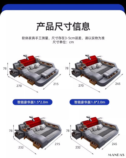 MANBAS Luxury King Size Genuine Leather Bed / Tech Smart Bed / Multifunctional Ultimate Beds / Massage Bed with USB,Projecter
