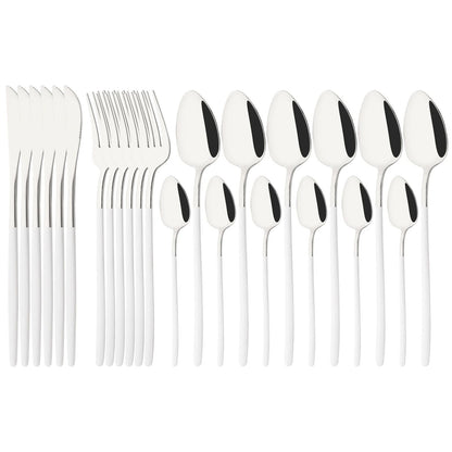 24Pcs Stainless Steel Dinnerware Set Kitchen Fork Spoon Knife Dinner Cutlery Set White Silver Western Flatware Tableware Set