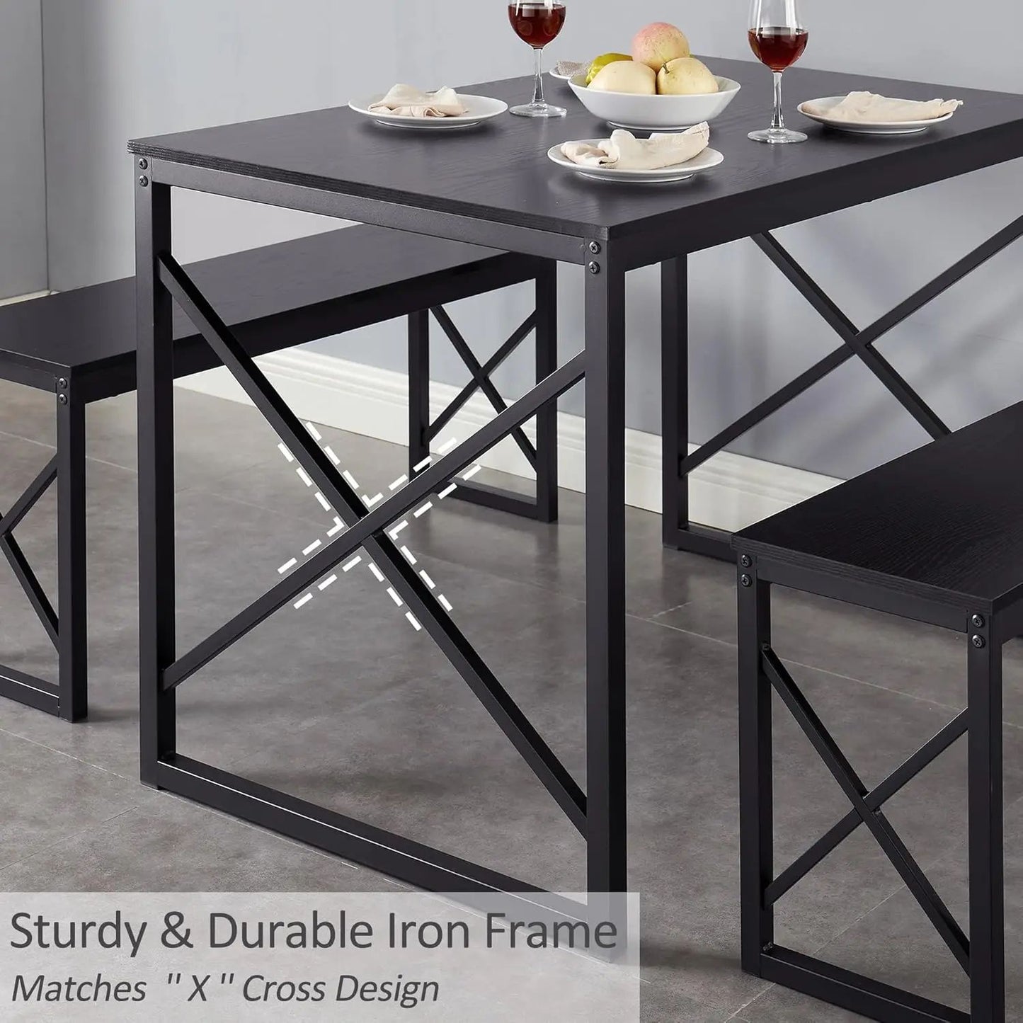 Wooden Kitchen Table Set with Metal Frame and 2 Benches for 4 People, Dining Set for Breakfast Nook and Small Spaces