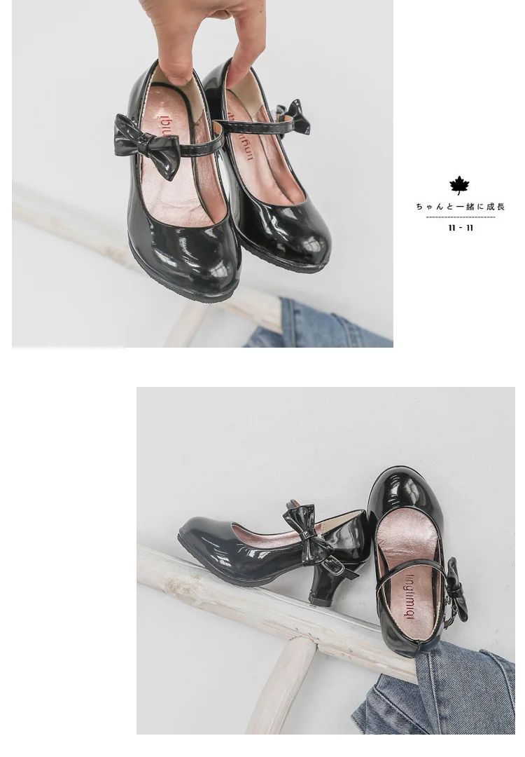 Fashion Girls High Heels Glossy Bowtie Kids Leather Shoe Spring Autumn Children Causal Princess Dress Shoes for Evening Party
