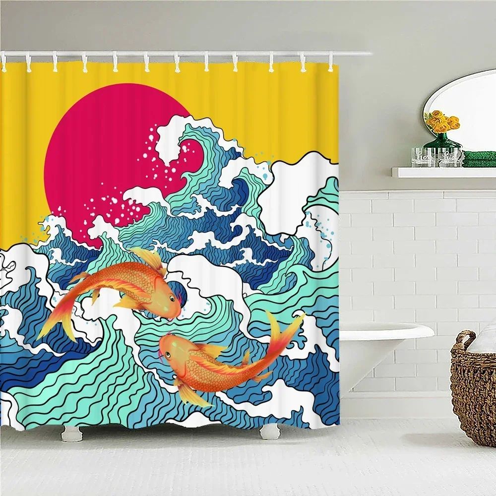 Japanese-style Waves Printing Shower Curtain with Hooks Home Decoration Bathroom Curtains 180x180cm Waterproof Polyester Fabric
