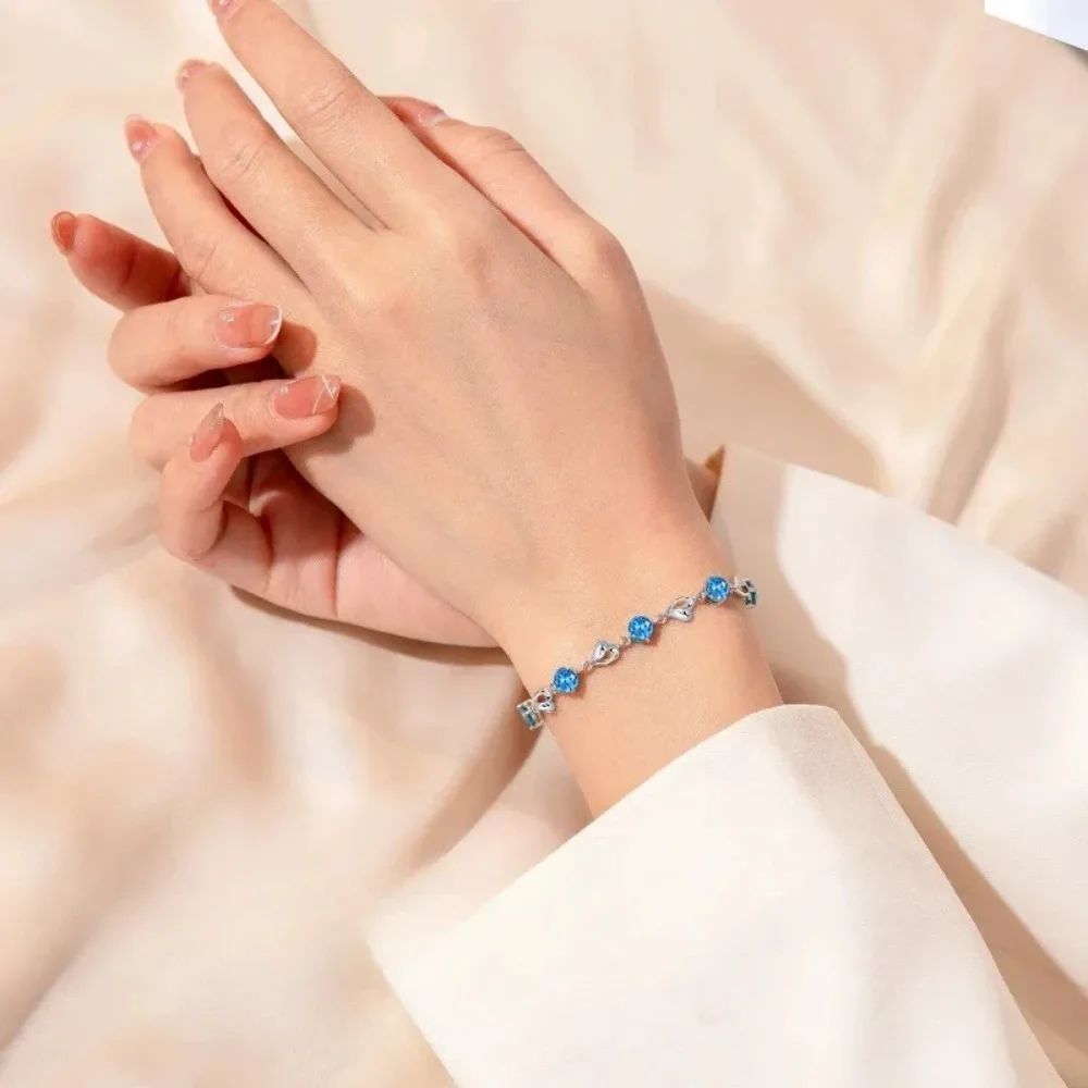 925 Sterling Silver Heart Shaped Necklace Bracelet Set for Women Vintage Korean Crystal Bracelets High Quality Set Party Jewelry