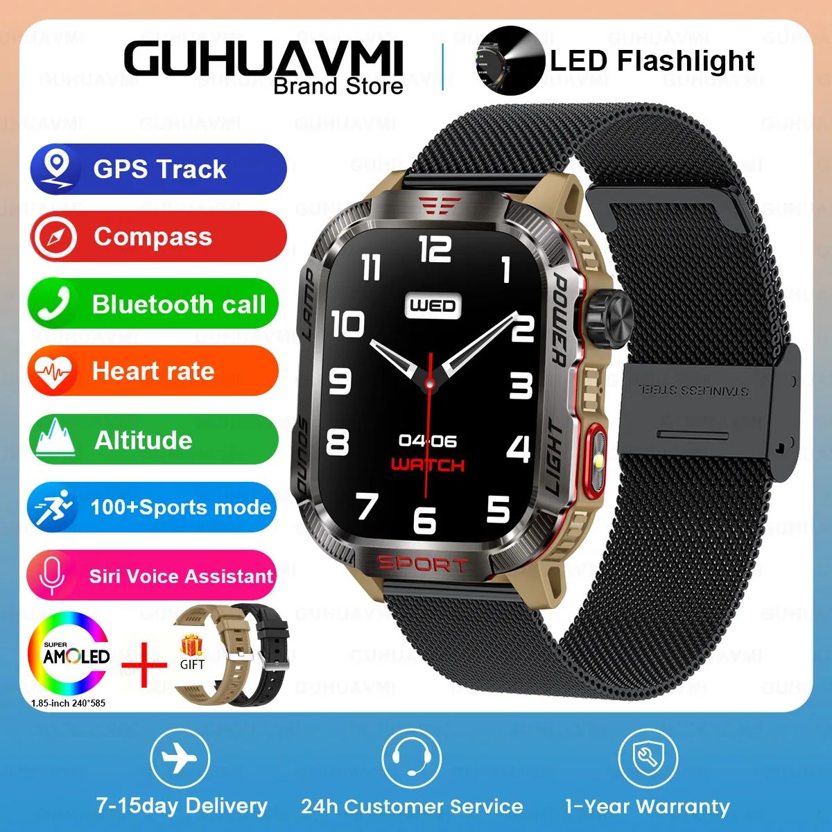 Novo relógio inteligente masculino para ambientes externos de 2,01 polegadas, à prova d'água 3ATM, bateria de 600mAh, bússola, lanterna LED, chamada Bluetooth, Smartwatch para Xiaomi