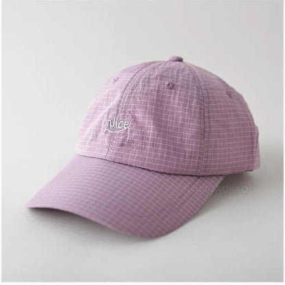 SS25 Korean Baseball Cap with Letter Embroidery & Gingham, Quick-Dry Minimalist Casual Unisex Hat for Daily Use
