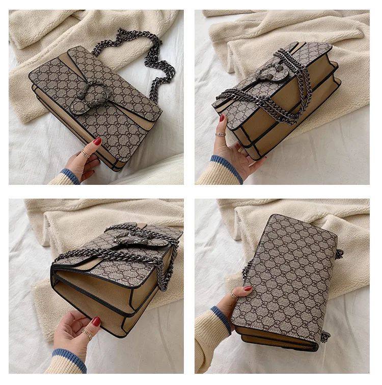 Women Stylish Retro Print Shoulder Crossbody Bag Fashionable Chain Underarm Purse Medium Hardness Polyester Lining