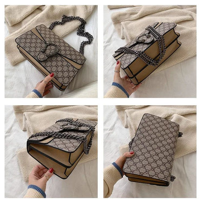 Women Stylish Retro Print Shoulder Crossbody Bag Fashionable Chain Underarm Purse Medium Hardness Polyester Lining