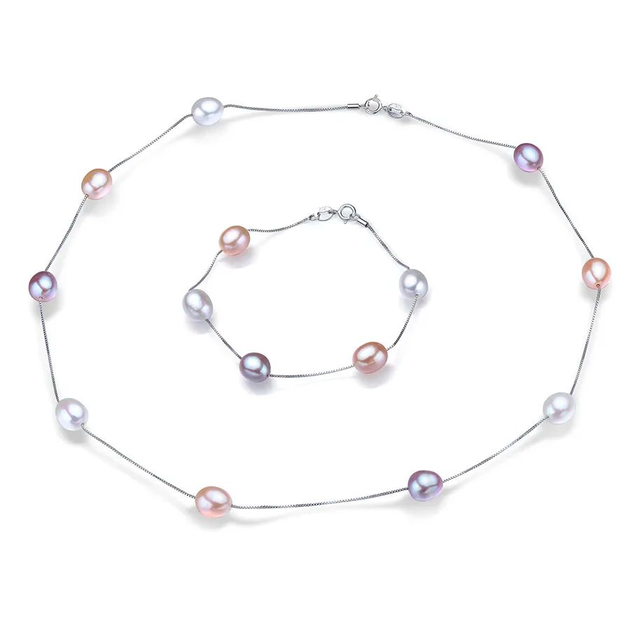 HENGSHENG Natural Pearl Necklace/Bracelet Jewelry Sets 925 Sterling Silver Chain with Freshwater Pearl Jewelry Gift for Women
