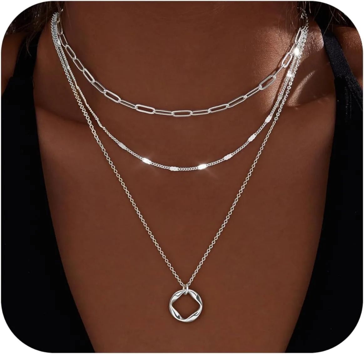 Colares Femininos Banhados a Ouro 14k em Camadas Corrente Elos Papel Banhada a Prata Conjunto de Colar Gargantilha com Pingente para Mulheres