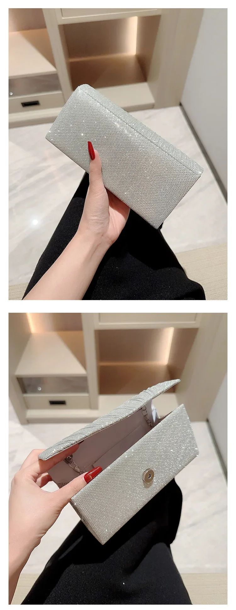 Glitter Ladies Silver Clutch Bag Envelope Evening Bag Fashion Elegant Long Purse Women Chain Shoulder Bags Wedding Party Handbag