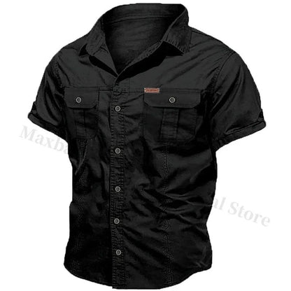 New Men's Work Shirt Casual Retro 100% Cotton Short Sleeve Flying Cargo Shirt Men's Summer Fishing Hunting Multi Pocket Shirt