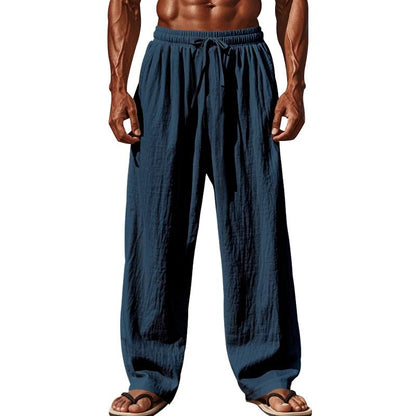 Calça Casual Masculina de Linho com Elástico na Cintura, Calça de Praia Leve com Cordão, Calça de Yoga de Verão Cor Sólida, Calça de Praia