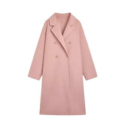 Winter Long Pink Woolen Coat French Hepburn Style Loose Casual Slimming Knee-Length Tweed Outerwear Women's Fashion