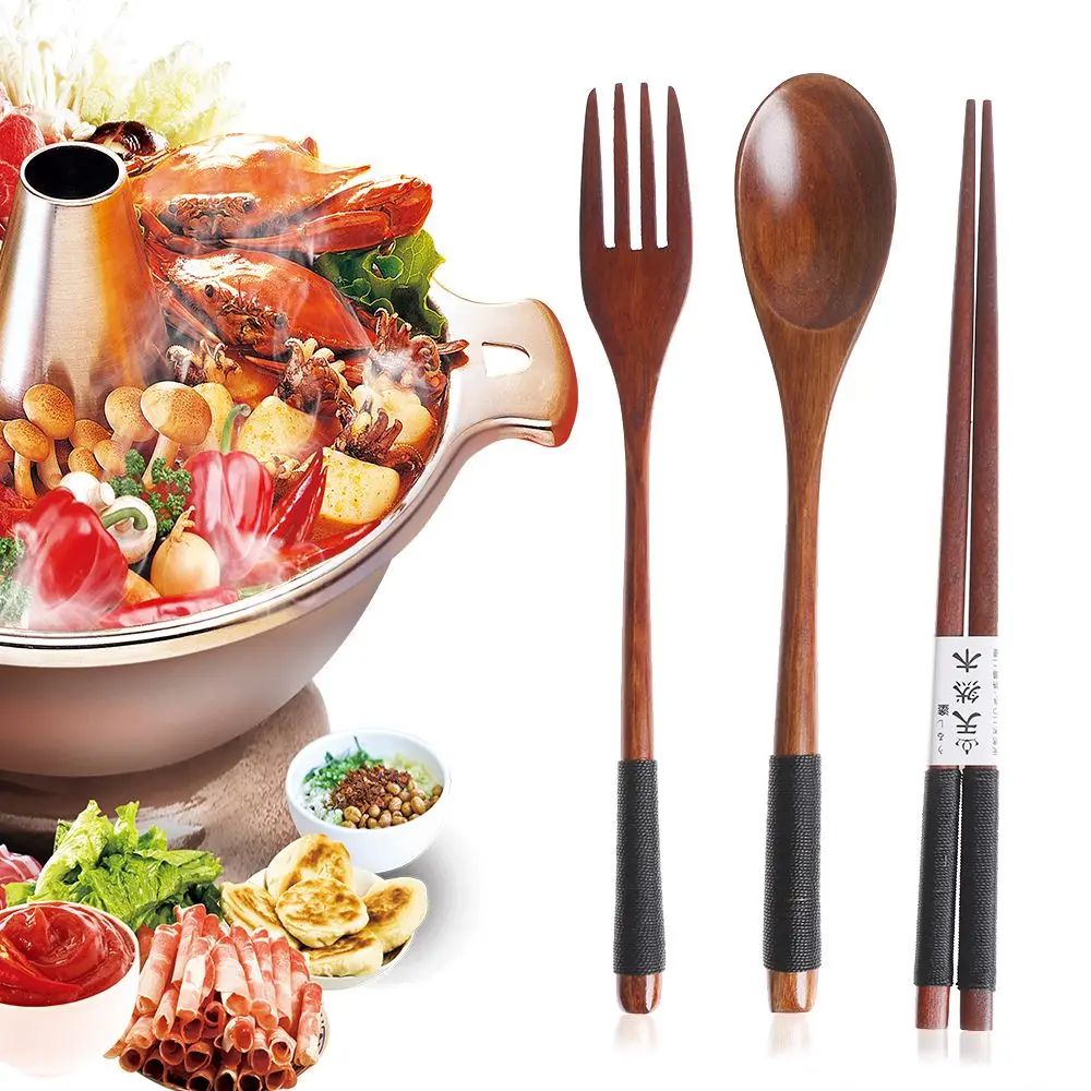 Spoon Fork Chopsticks Portable Tableware Wooden Cutlery Sets Travel Dinnerware Suit Environmental with Cloth Pack Gift