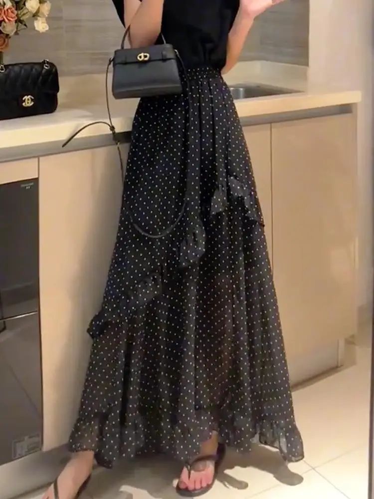 Plus Size Black Polka Dot Print Asymmetrical Hem Loose Women's Skirt Summer New Fashion Design Sense Midi Skirt Large Size Ha...