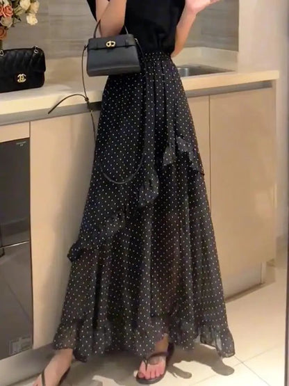 Plus Size Black Polka Dot Print Asymmetrical Hem Loose Women's Skirt Summer New Fashion Design Sense Midi Skirt Large Size Ha...