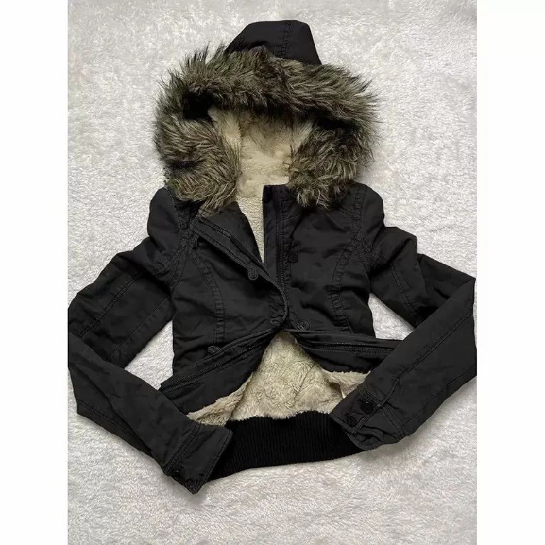 Gothic Y2K Womens Vintage Fur Trimmed Hooded Jacket Autumn Winter Black Shearling Lined Zipper Coat Warm Casual Winter Outerwear