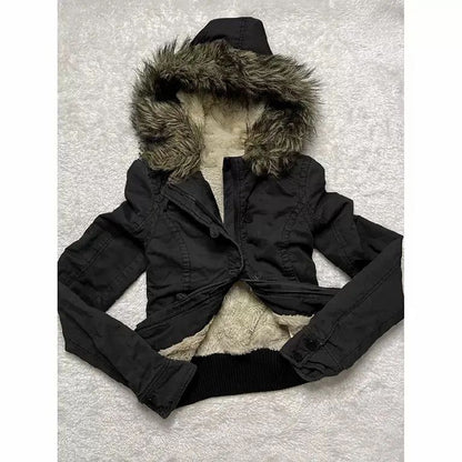 Gothic Y2K Womens Vintage Fur Trimmed Hooded Jacket Autumn Winter Black Shearling Lined Zipper Coat Warm Casual Winter Outerwear