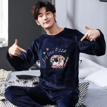Thickened Flannel Sleepwear Set for Men Winter Home Clothes Coral Fleece Lined Autumn Winter Style Overhead Mens Nightgown