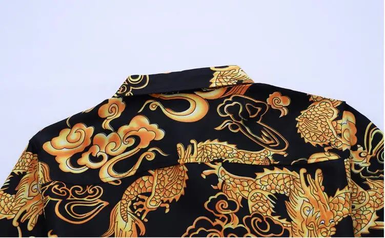 Thin Black Men's Long-sleeved Printed Shirt, Chinese Dragon Print Decoration, Blue Single-breasted Lapel Shirts,Asian Size M-7XL