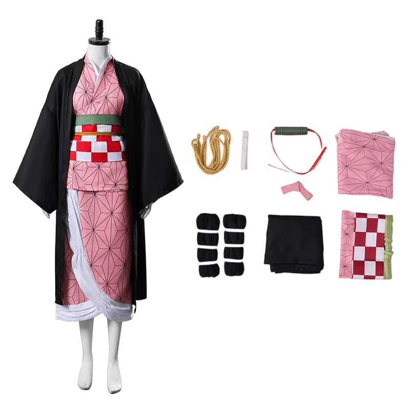 Anime Nezuko Nezuko Cosplay Costume Nezuko Wig Uniform with Props for Adult Kids Halloween Carnival Costumes