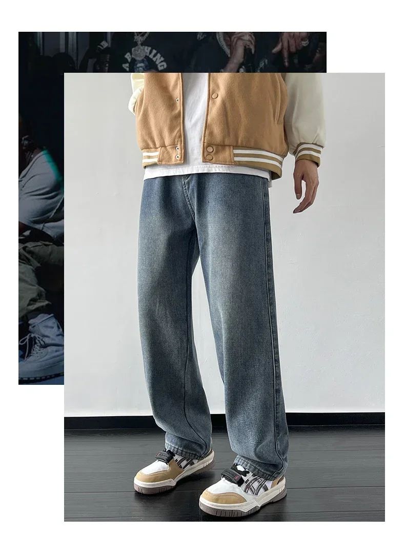 4 Colors Winter Fleece Men's Jeans Baggy Straight Elastic Waist Denim Pants Fashion Korean Thickened Warm Male Thermal Trousers