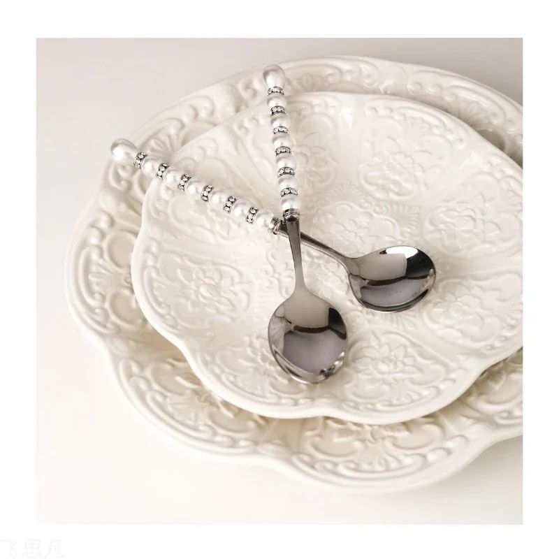Conjunto de talheres luxuosos de aço inoxidável 304 com colher, garfo e faca, talheres com pérolas e diamantes, caixa de presente, utensílios para casa, cozinha e casamento