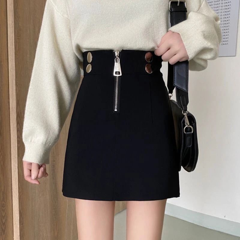 Women Clothing Spring Autumn Fashion Korean Zipper Solid Color High Waist A-line Skirt Female Fashionable Appear Thin Slim Skirt