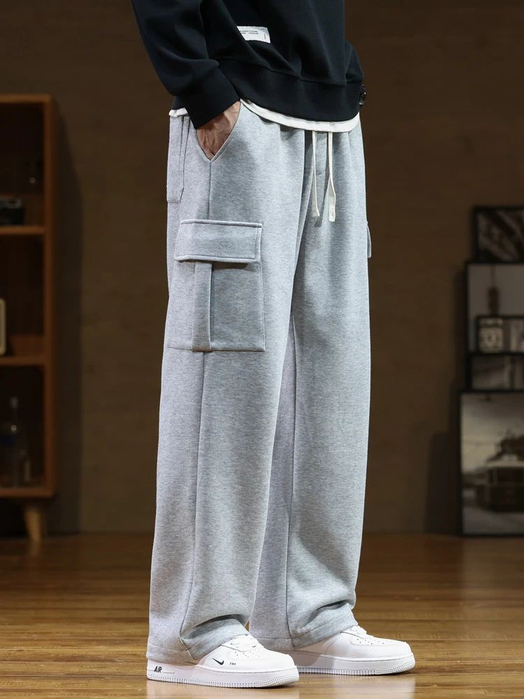 2024 New Sweatpants Men Multi-Pockets Drawstring Cotton Casual Wide Pants Male Loose Straight Trousers Large Size 8XL