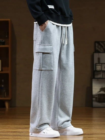 2024 New Sweatpants Men Multi-Pockets Drawstring Cotton Casual Wide Pants Male Loose Straight Trousers Large Size 8XL