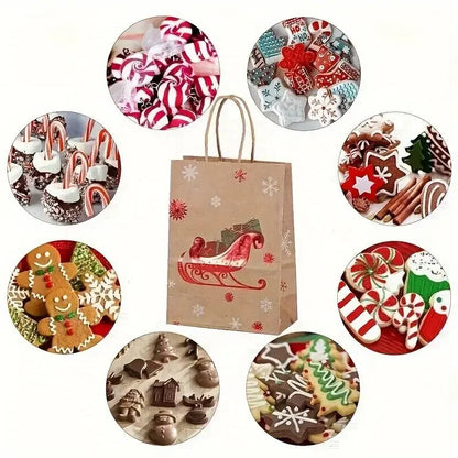 Christmas Kraft Gift Bags with Handles Snowman Santa Tree Designs Geometric Pattern Paper Tote Bags Party Xmas Decoration