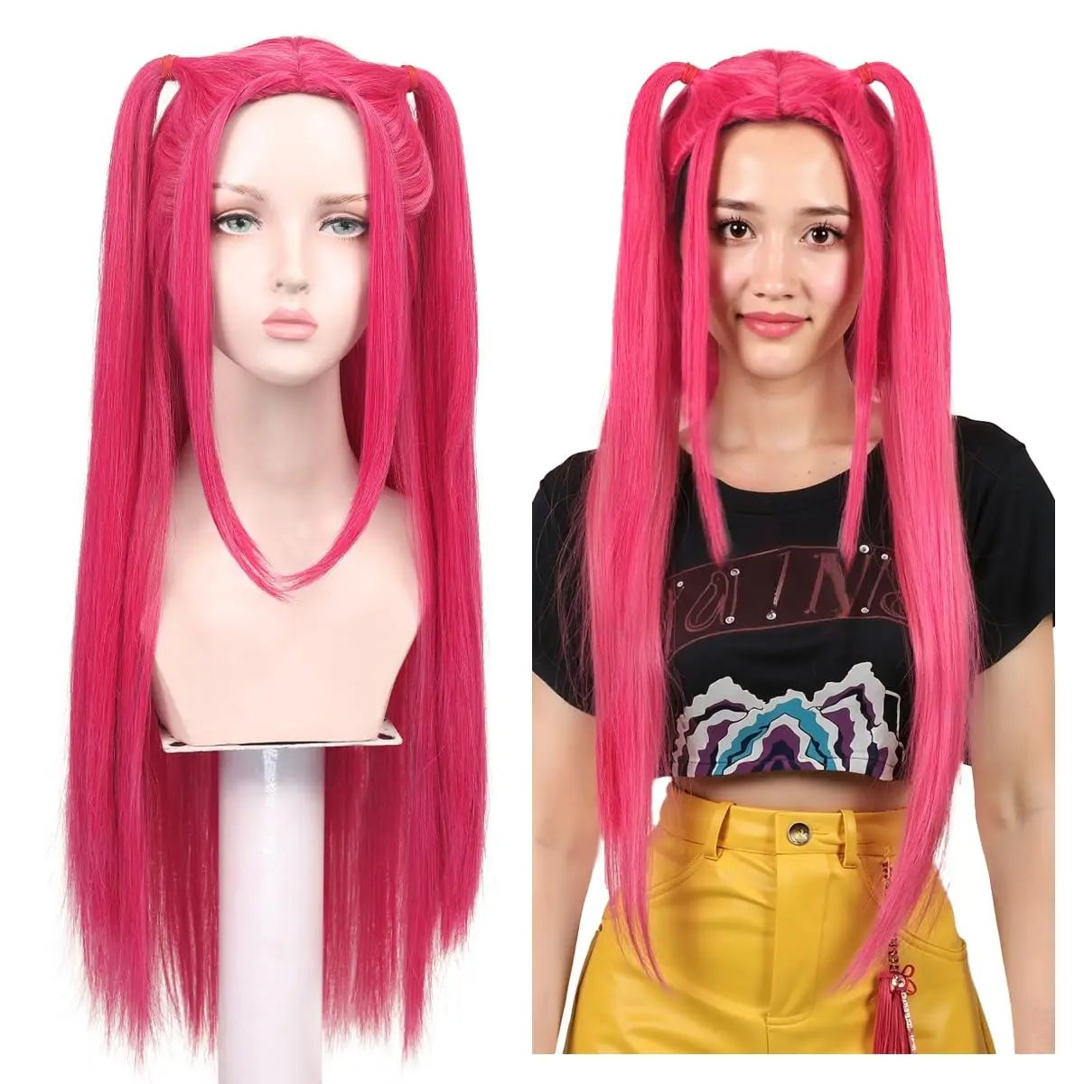 Girl group role-playing synthetic wig, purple split braid wig, rose red long straight hair with bun, romantic party photo