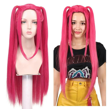 Girl group role-playing synthetic wig, purple split braid wig, rose red long straight hair with bun, romantic party photo