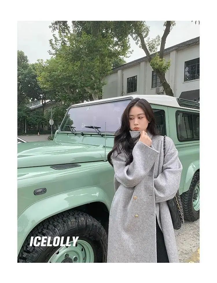 Light Grey Woolen Coat Women's Long Loose Korean Style Fashionable Autumn Winter New Arrival Polyester Fiber Full Sleeve