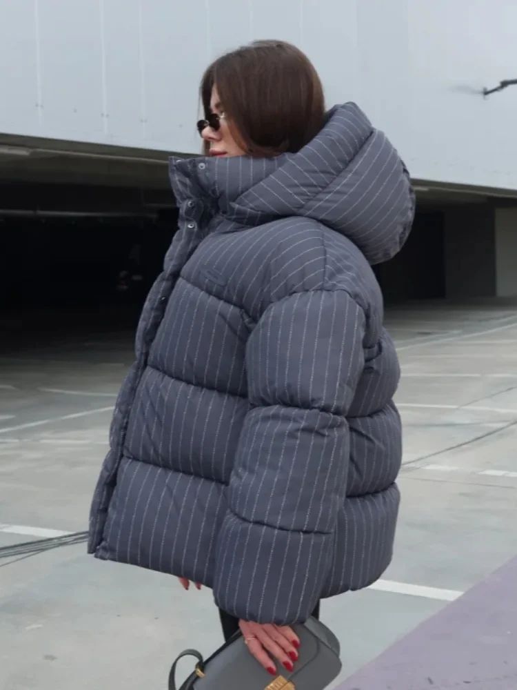 Women's Pinstripe Oversized Puffer Jacket Full Sleeve Detachable Hood Zipper Warm Coat 2025 Autumn Winter Female Casual Wear