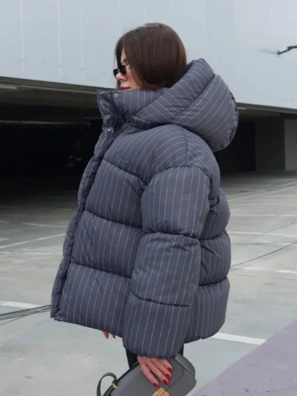 Women's Pinstripe Oversized Puffer Jacket Full Sleeve Detachable Hood Zipper Warm Coat 2025 Autumn Winter Female Casual Wear