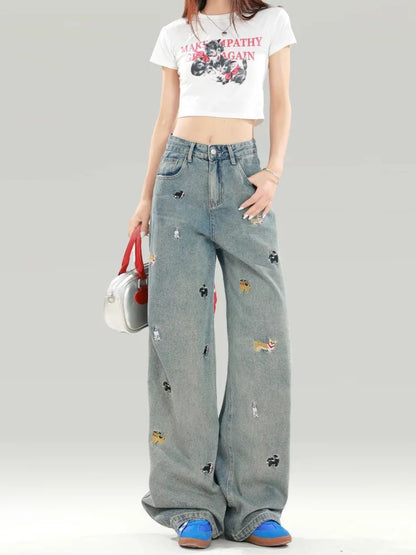 Plus Size Women's Black Dog Embroidery Loose Wide Leg Jeans High Waist Straight Cut Slimming Denim Pants Spring Autumn