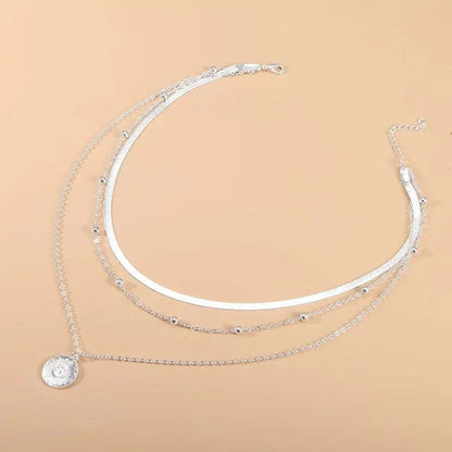 Colar Feminino de Prata Esterlina 925 com Três Camadas, Redondo, Corrente Snake Simples, Charm com Bola, Presente para Festa, Joia Exquisita Feminina