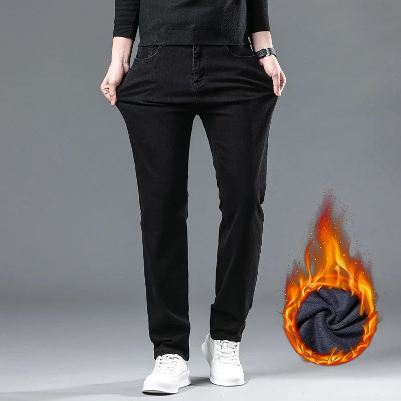 Calça Jeans Masculina Forrada de Lã para Inverno, Reta, Elástica, Preta, de Veludo Grosso, Quente, Casual, Masculina, Tamanhos Grandes