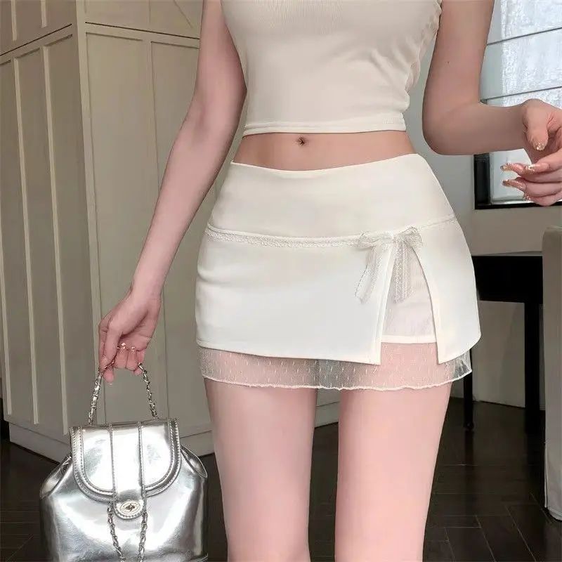 Mini Skirts Women Patchwork Lace Bow Hotsweet Summer A-Line Skirt with Safety Pants Fashion Side Slit Bodycon 2025 Lady Skirts