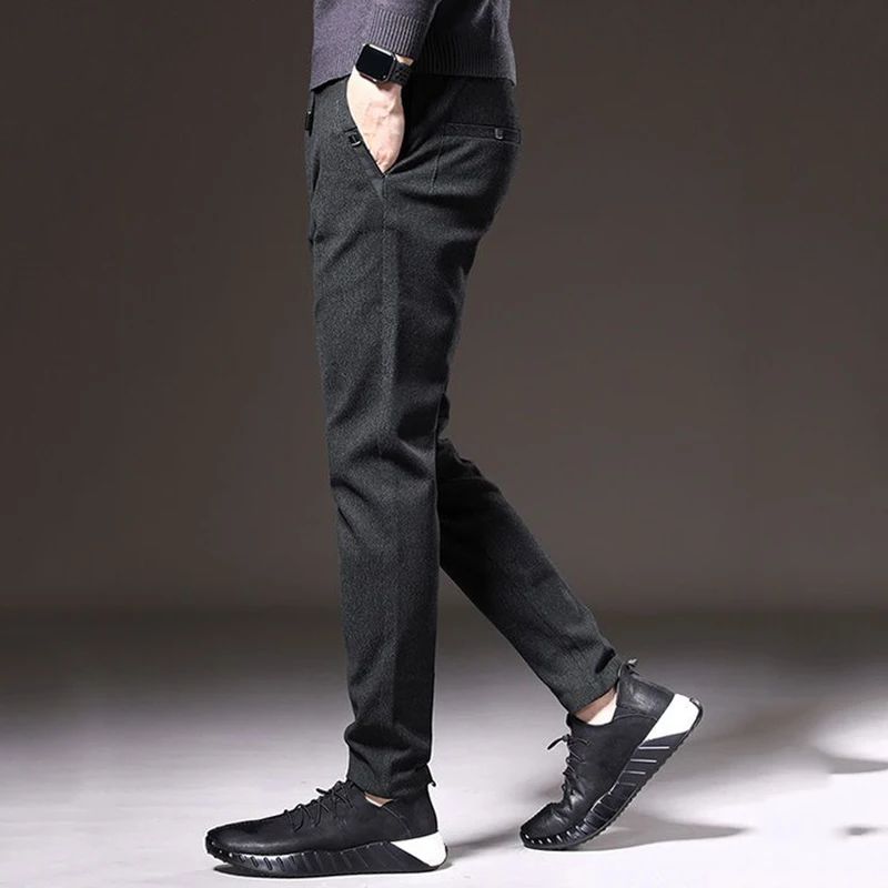 Autumn Winter Men Thermal Office Pants Straight Narrow Leg Classic Casual Pants Drawstring Tie Up Design Thicken Fleece Trousers
