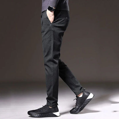 Autumn Winter Men Thermal Office Pants Straight Narrow Leg Classic Casual Pants Drawstring Tie Up Design Thicken Fleece Trousers
