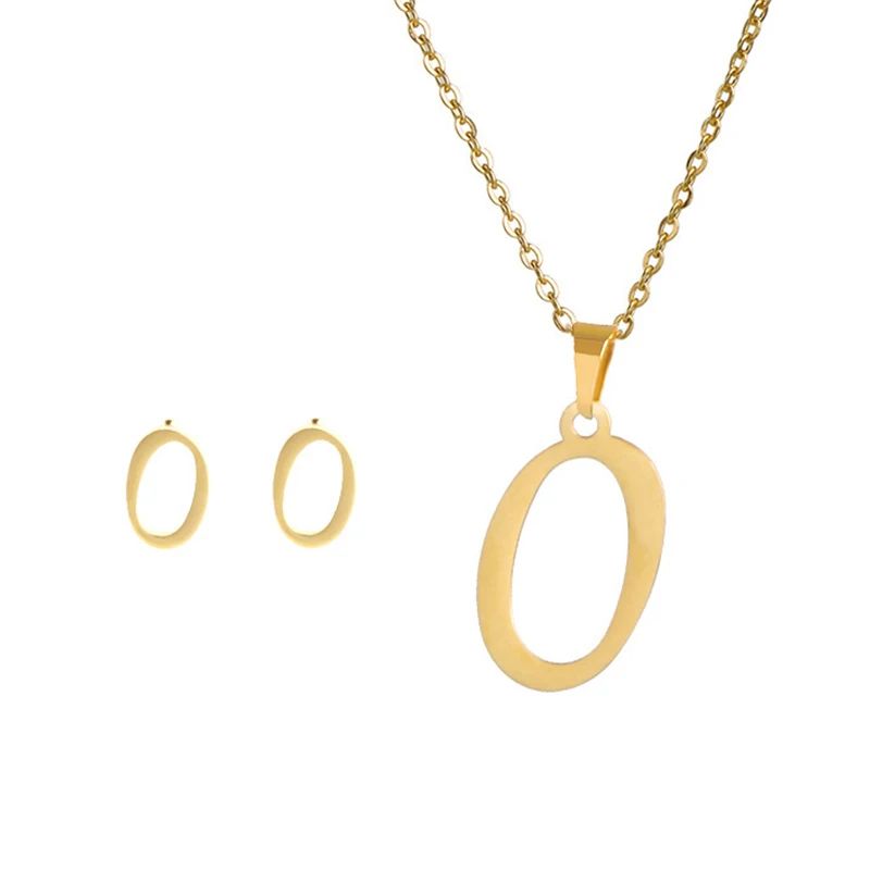 Conjunto Feminino de Colar e Brincos de Aço Inoxidável com Letra Inicial do Alfabeto A-Z - Joias Personalizadas de 26 Letras Inglesas - Presente