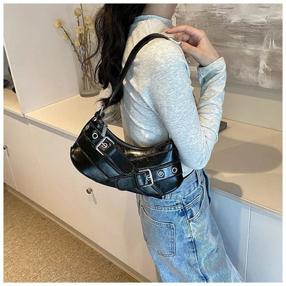 Red Vintage Shoulder Bag Y2K Belt Design PU Leather Underarm Bags for Women Trend Hot Cool Girl Crossbody Bag Punk Style Handbag