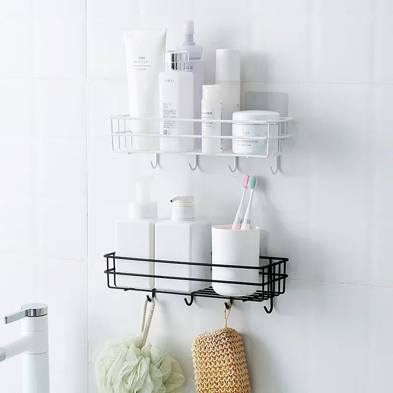 Prateleira de banheiro de ferro forjado estilo japonês, rack de armazenamento de gel de banho montado na parede, suporte de higiene pessoal sem furos para toalete
