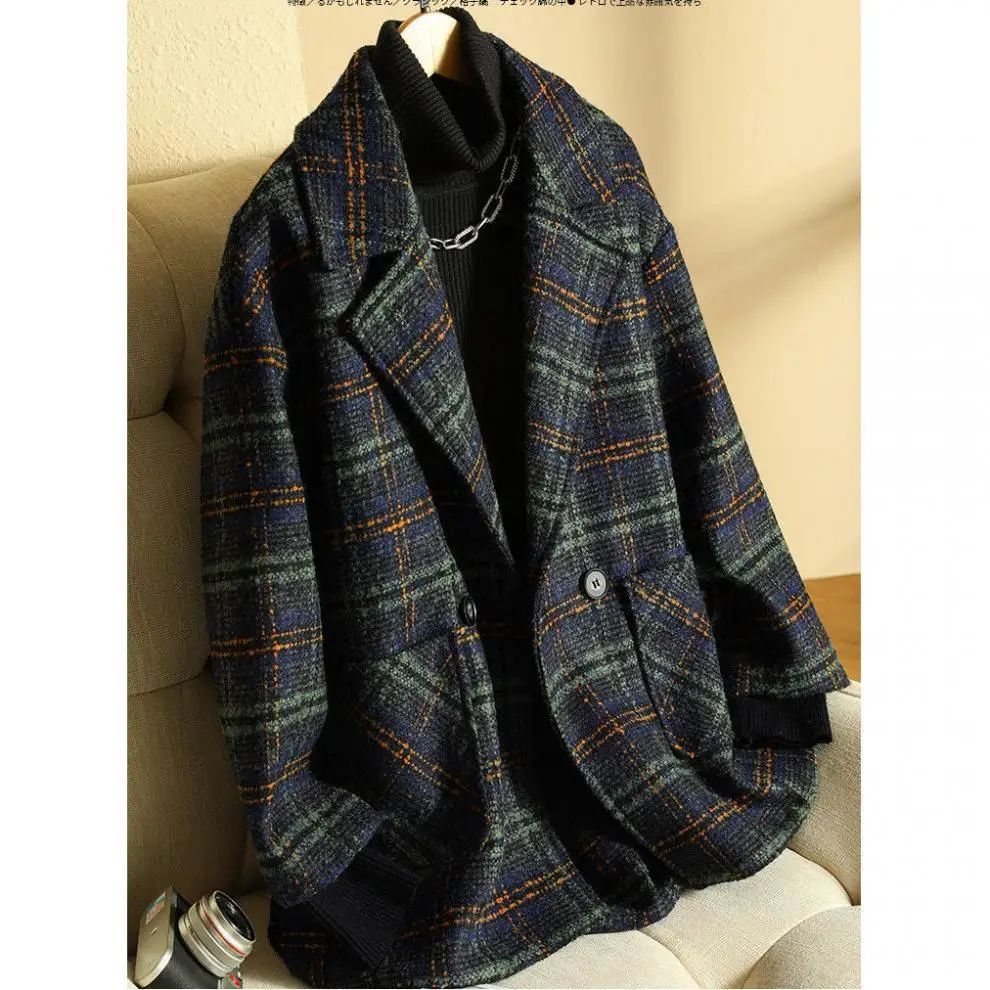 2024 New Style Women's Plaid Suit Woolen Jacket Loose Fit Vintage Checked Woolen Coat Medium Length Korean Version